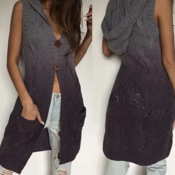 Free People Wool Blend Cable Knit Hooded Duster Cardigan Small/Med Ombre Tie Dye - Picture 3 of 13